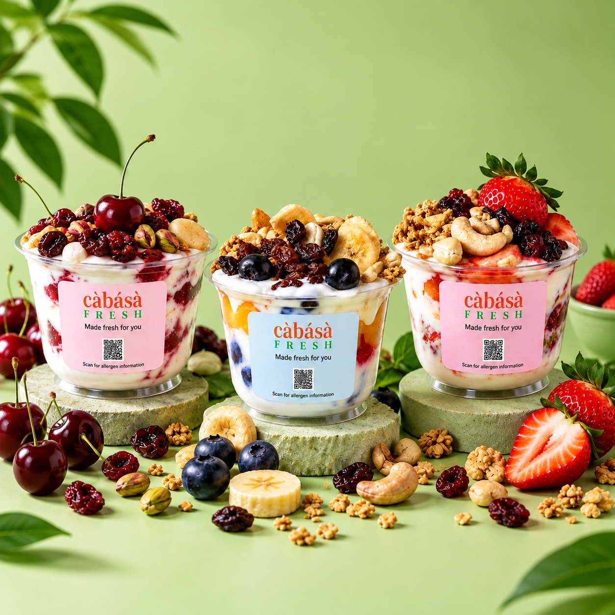 Three Càbásà Fresh parfait cups with fruit, granola and nuts